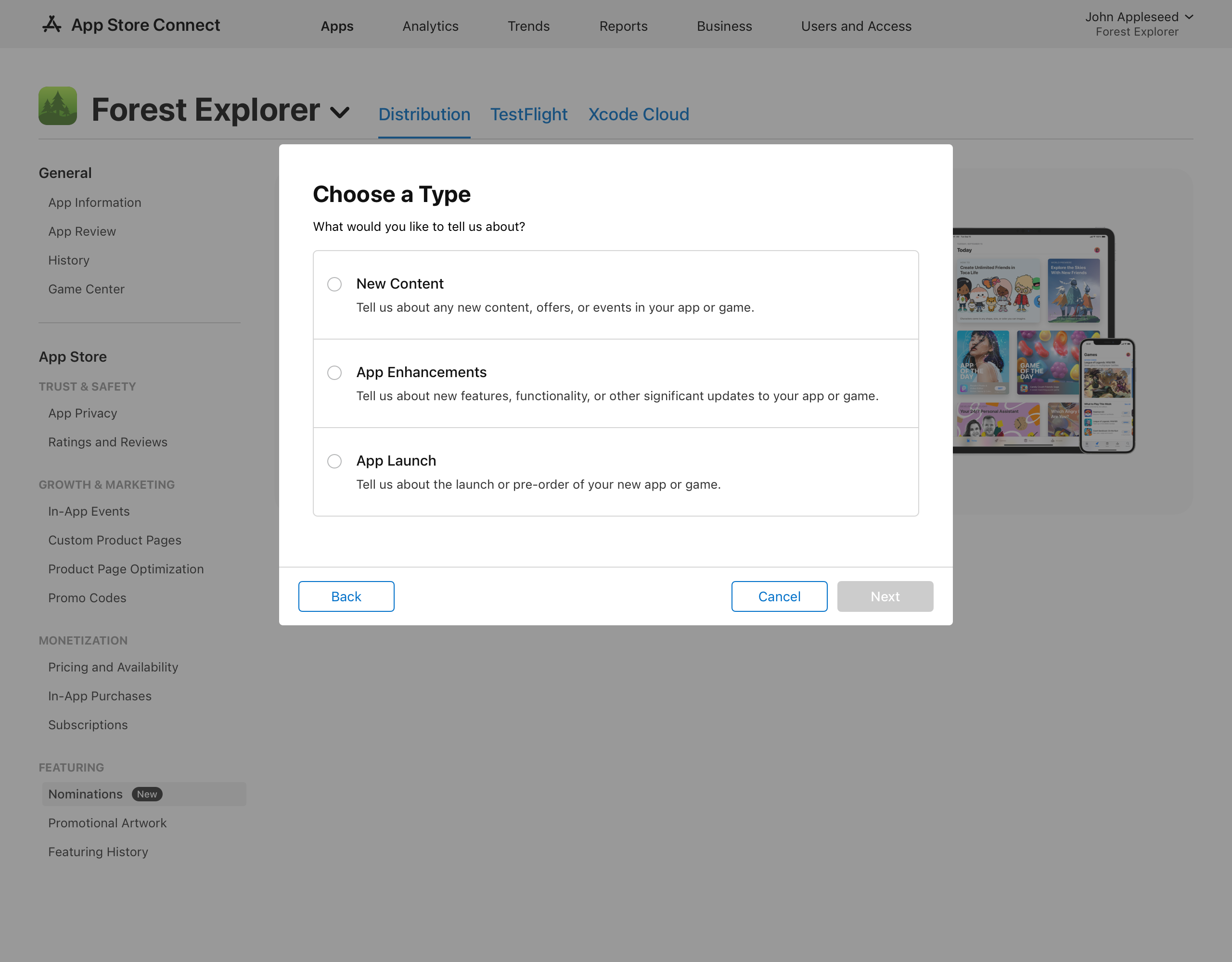 The “Choose a Type“ dialogue lists selectable type of nominations: New Content, App Enhancements, and App Launch. At the bottom of the dialog, the “Back” button is on the left, and the “Cancel” and “Next” buttons are on the right.