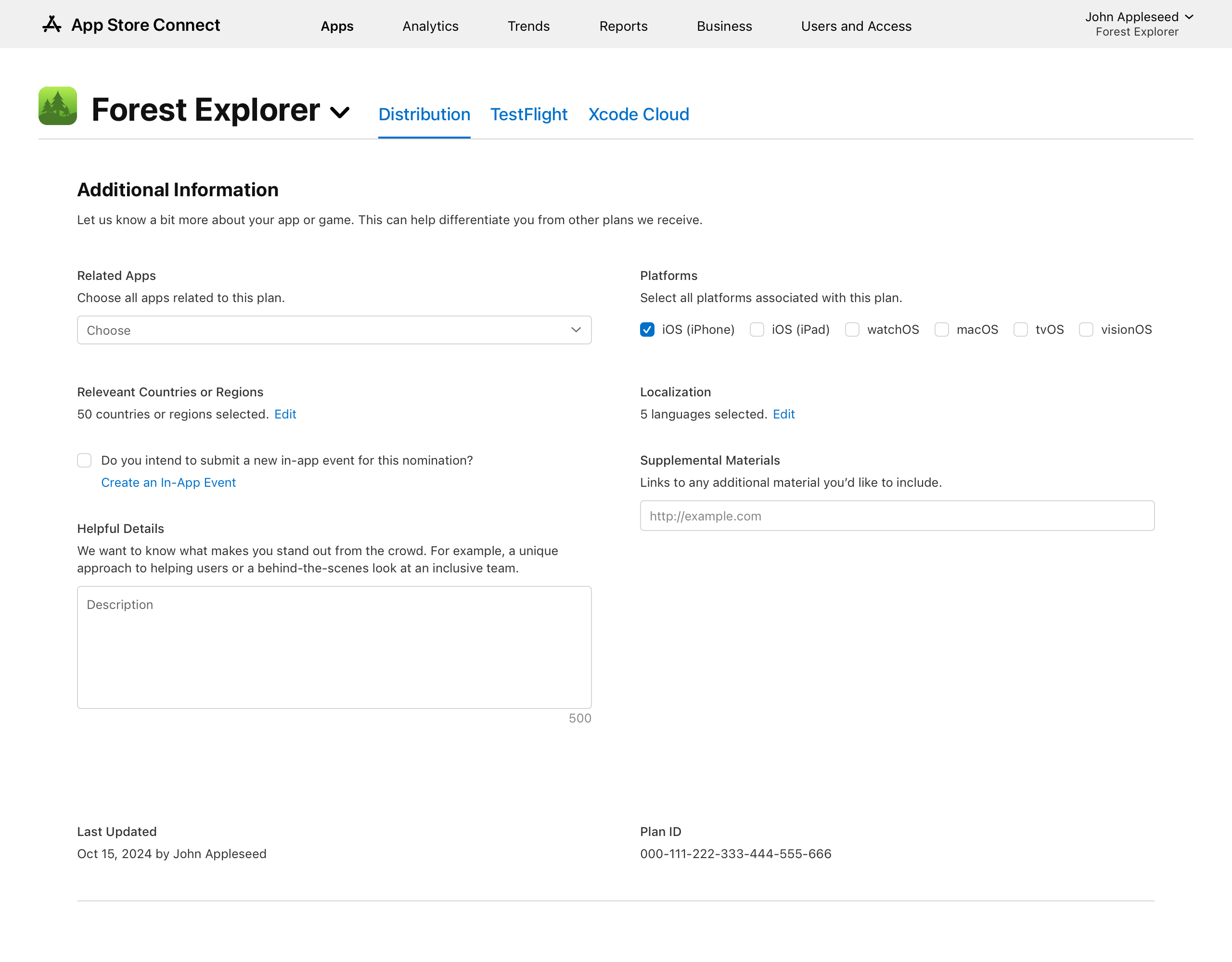 The “Additional Information“ page lists details of your nominations, which are “Related Apps“, “Platforms“, “Relevant Countries or Regions“, “Localization“, “Supplemental Materials“, and “Helpful Details.“