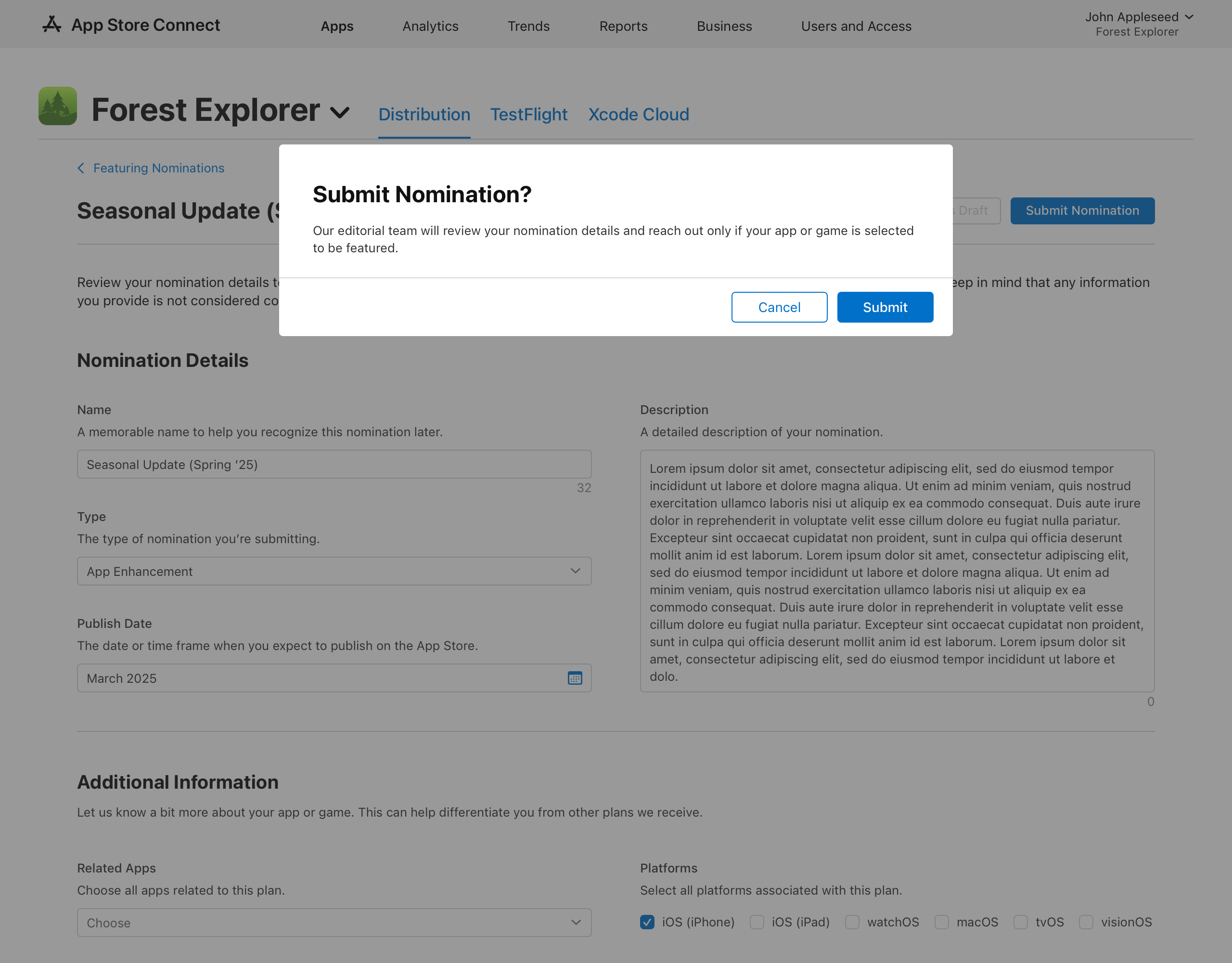 At the bottom of the “Submit Nomination?“ dialogue, the “Cancel“ and “Submit“ buttons are on the right.