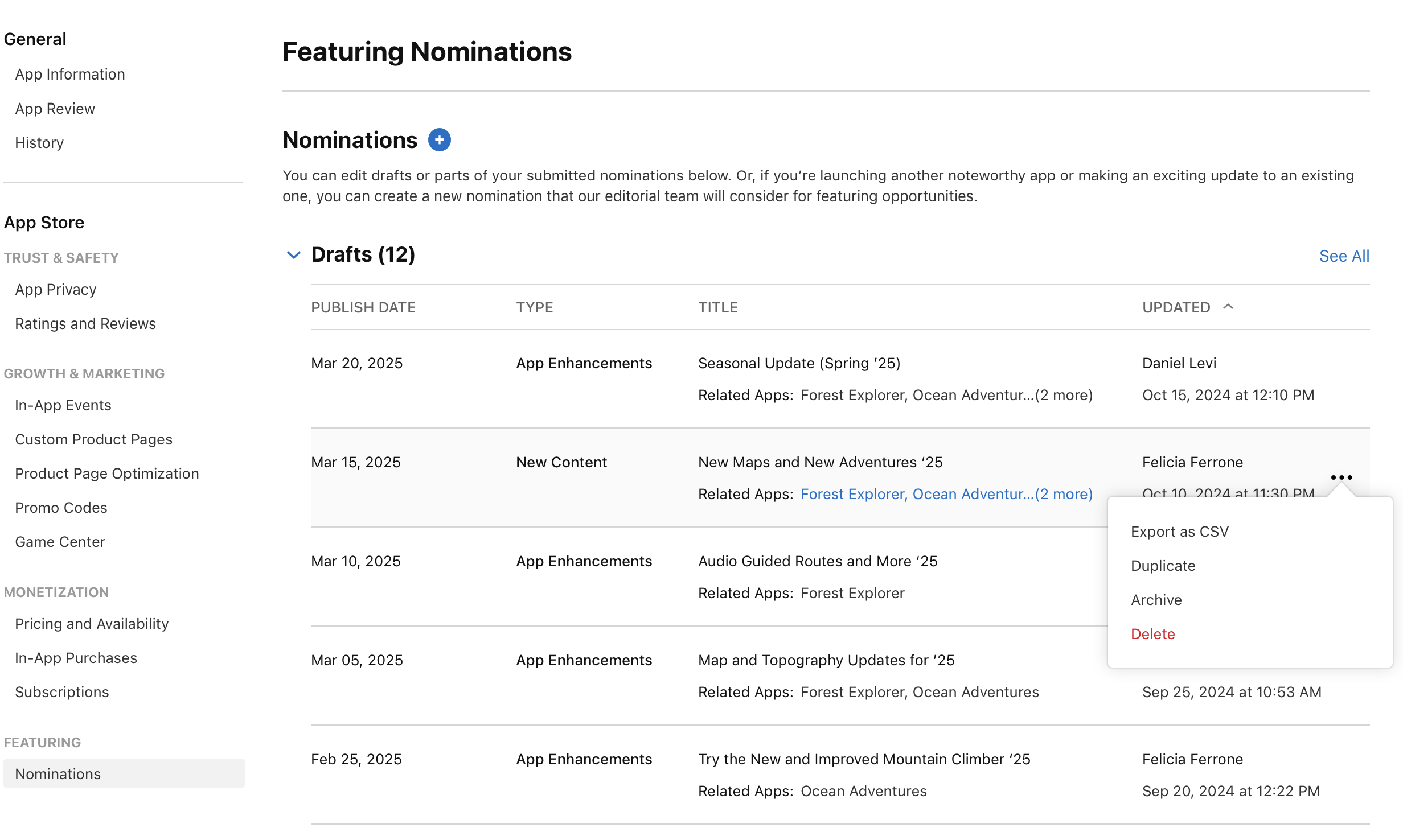 On the “Featuring Nominations“ page, below the “Drafts“ section, nomination drafts are listed. When you hover over a nomination, an ellipsis appears on the right side, providing four options: “Export as CSV“, “Duplicate“, “Archive“, and “Delete.“