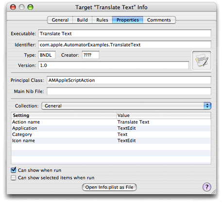 Automator property inspector—General properties