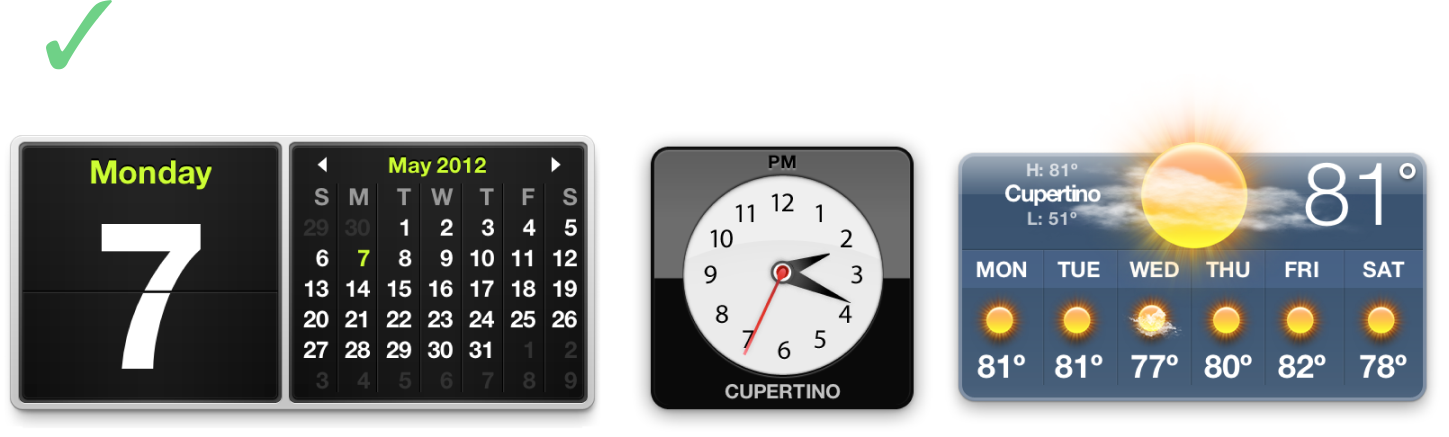 Three simple widgets, each focused on a single task