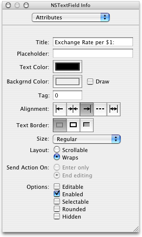 The Info window, after setting text and attributes for the exchange rate label