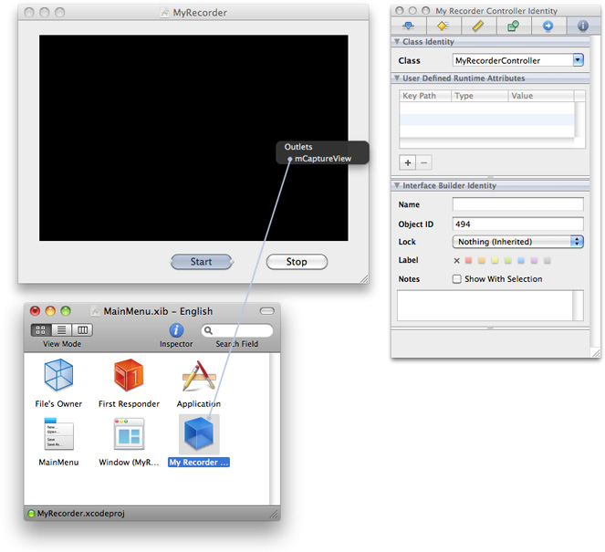 The mCaptureView instance variable wired as an outlet for the MyRecorderController object