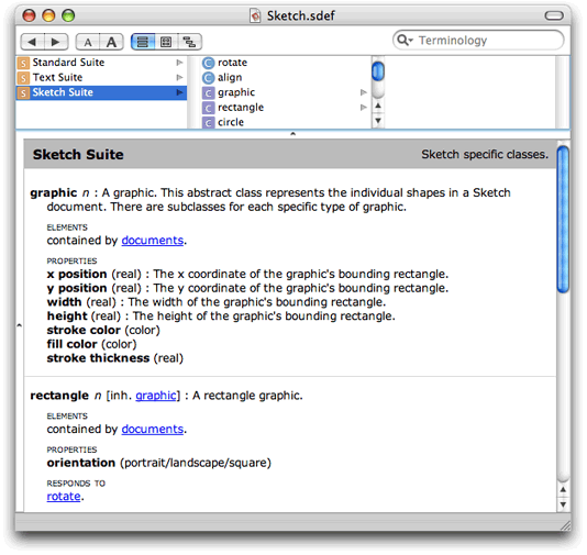 An sdef displayed in a dictionary viewer