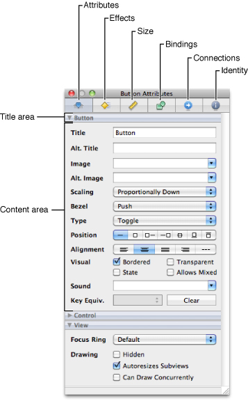 The inspector window for Cocoa controls