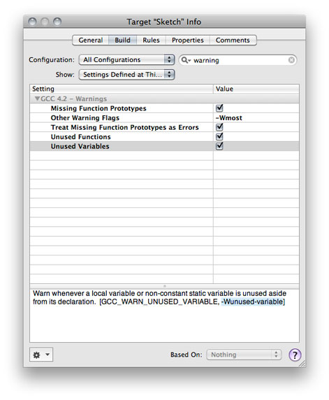 The Build pane of the target Info window showing the description for a build setting.