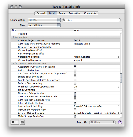 Build settings editor for a target