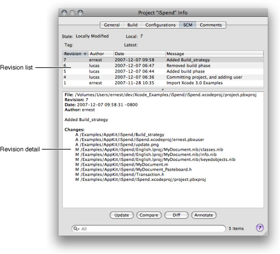 Info window displaying the revisions of a file