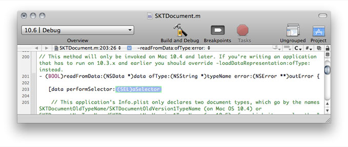 Text editor window showing code completion, phase 3 with the NSData performSelector: method. The method’s parameter is selected.