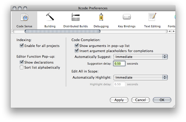 Code Sense preferences pane