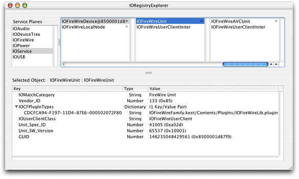 I/O Kit objects supporting a FireWire device in I/O Registry Explorer