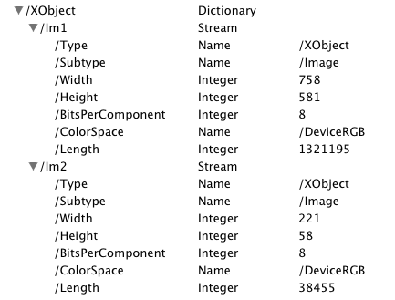 Metadata for two images in a PDF file