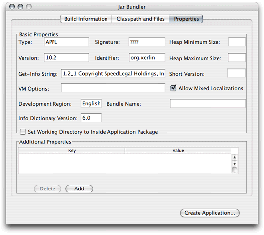 Properties pane of Jar Bundler