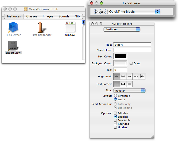 The export view object with the NSTextField Info window displayed and various attributes specified