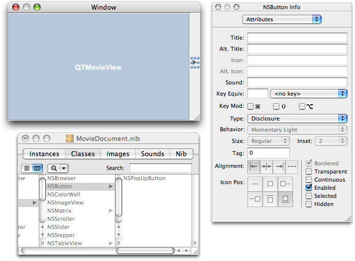 The NSButton info pane with attributes and the type specified as disclosure