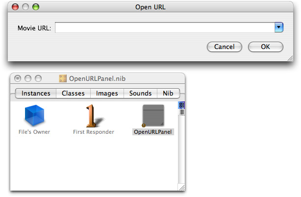 The Open URL panel nib and dialog for entry of a movie URL