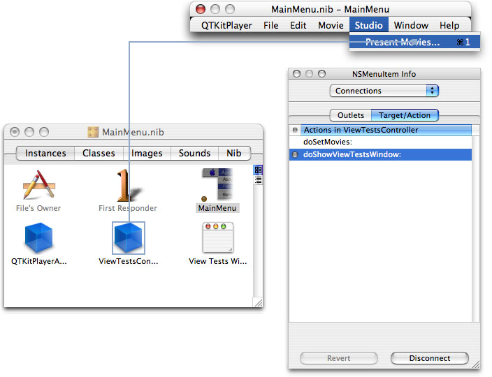 The present movie connection to the ViewTestsController and target