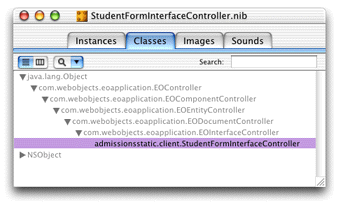 Classes pane in the nib file window