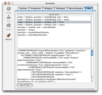 XML description of Student entity, form window