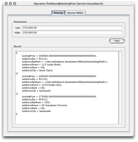 The test window of the findHouseByAskingPrice operation